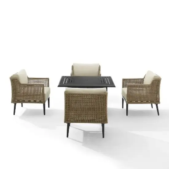 Southwick 5pc Outdoor Wicker Conversation Set with 4 Arm Chairs & Dante Fire Table - Cream/Light Brown - Crosley image {5}