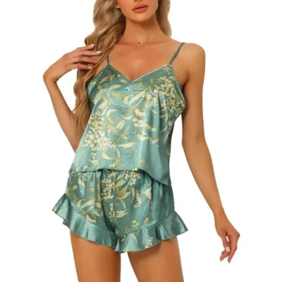 cheibear Women's Satin Lounge Floral Cami Tops with Shorts Ruffled Pajamas Sets image {5}