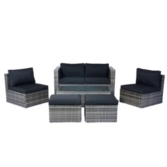 YOOCOZZ 6-Piece Outdoor Patio Wicker Rattan Sectional Sofa Set & Conversation Set with Space Saving Design - Grey+Black image {3}