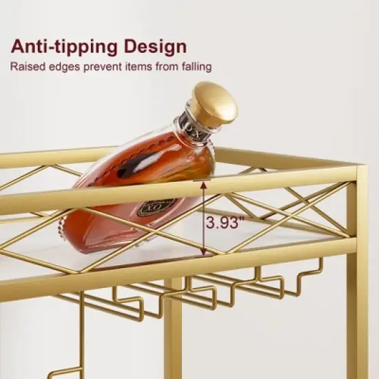 Gold Bar Cart 2-Tier with Wheels, Gold Serving Cart with Wine Rack & Glass Holders for Living Room, Kitchen, Dining image {6}