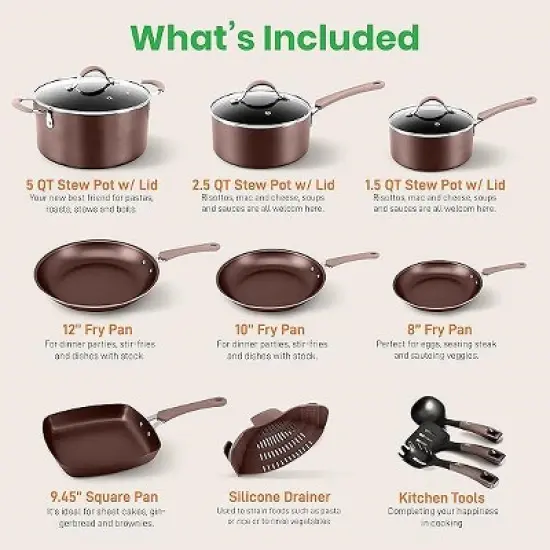 NutriChef 14-Piece Non-Stick Kitchen Cookware Set - Pots & Pans with Lids, Fry Pans, Soup Ladle, Silicone Strainer image {2}