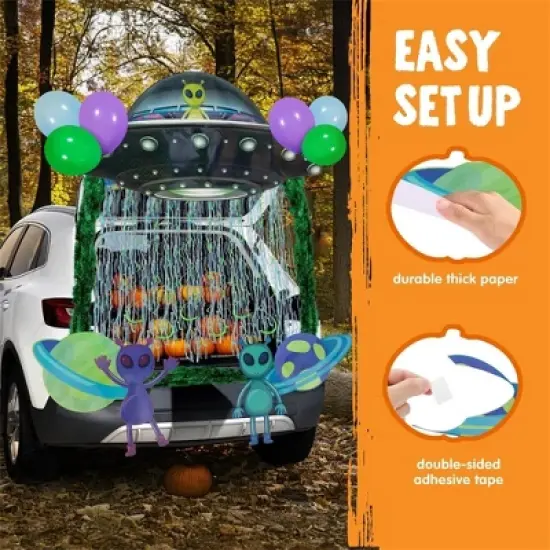 Joyfy Halloween UFO Trunk Or Treat Car Decoration, Aliens Archway Garage Door Decor with Streamer Tinsels Strips Balloons for SUV Outdoor/Indoor image {4}