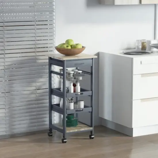 HOMCOM Mobile Rolling Kitchen Island Trolley Serving Cart with Underneath Drawer & Slide-Out Wire Storage Basket, Grey image {1}