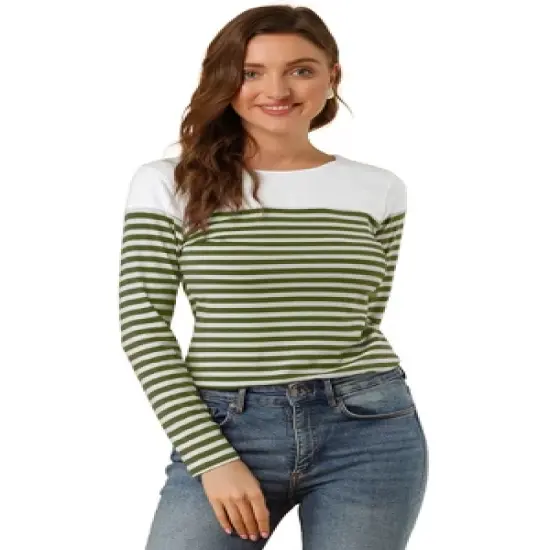 Allegra K Women's Color Block Long Sleeve Striped T-Shirt image {9}