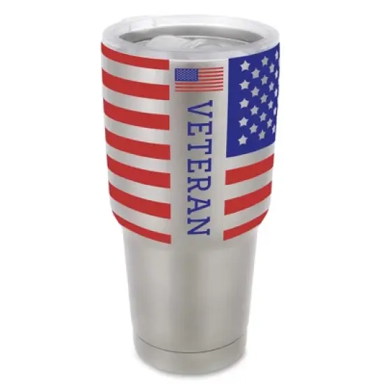 100 North 30 Ounce Stainless Steel On the Go Travel Tumbler With Push Top Lid, American Flag Veteran Silver image {5}