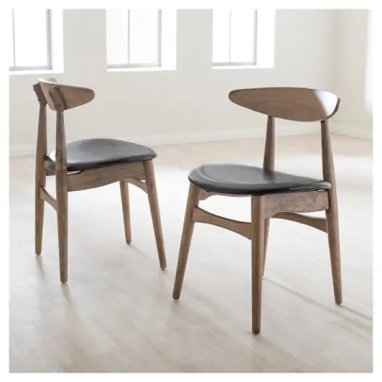 Set of 2 Edna Mid-Century Modern French Black Faux Leather & Oak Light Brown Finishing Wood Dining Chairs - Baxton Studio image {4}
