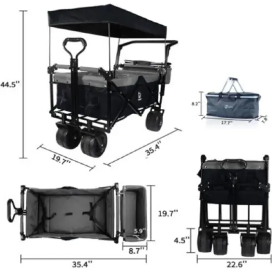FURNIinspire Outdoor Serving Carts Collapsible Wagon Foldable with Removable Canopy Wheels for All-Terrain Brake for Camping, Black, 35.4"*19.7"*44.5" image {2}