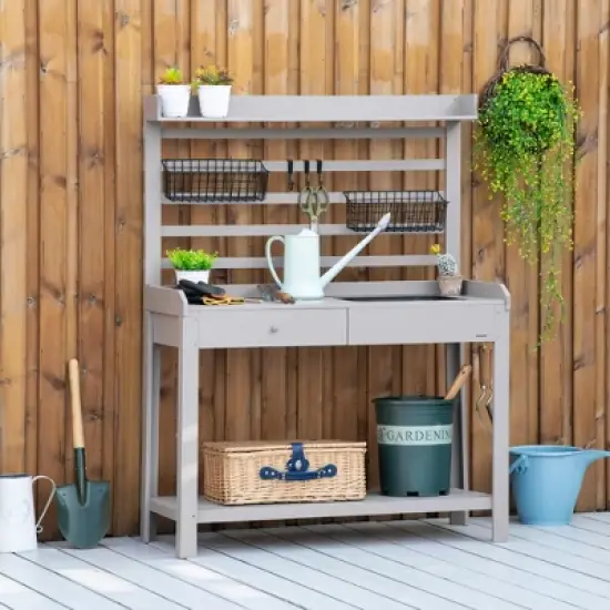 Outsunny Potting Bench Table, Garden Work Bench, Workstation with Metal Sieve Screen, Removable Sink, Additional Hooks and Baskets image {2}