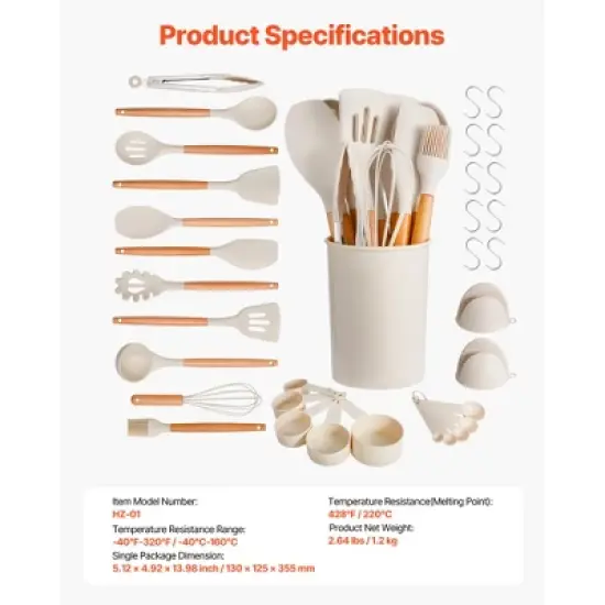 VEVOR Kitchen Cooking Utensils Set, 34 PCS Silicone Spatula Set with Holder, 428&deg;F Heat Resistant Gadget Spoons Tools, White image {7}
