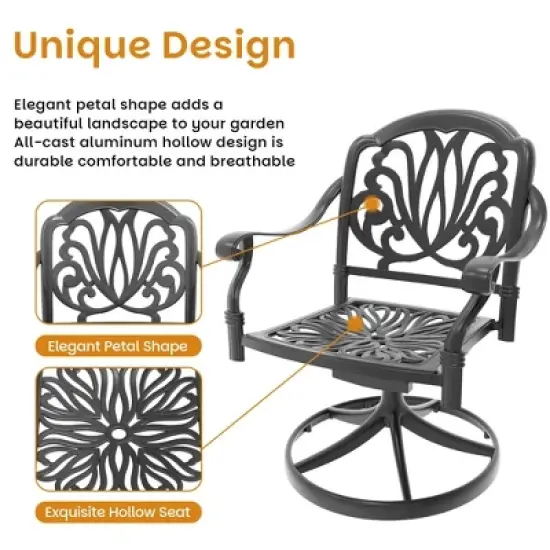 7-Piece Rectangle Cast Aluminum Outdoor Patio Dining Set with Swivel Chairs & Brown Cushions & Umbrella Hole image {8}