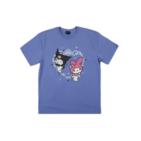 Kuromi & My Melody Sparkling Heart Frame Adult Periwinkle Crew Neck Short Sleeve T-shirt image {1}