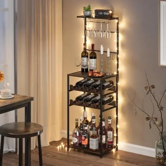 Itopfox 5-Tier Freestanding Wine Rack with Glasses Holder and 4 S Hooks, Corner Mini Bar Cabinet for Small Spaces, Holds 8 Bottles image {6}