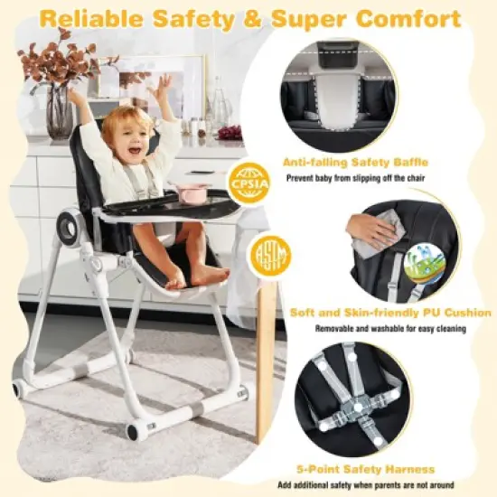Infans Baby High Chair Foldable Feeding Chair w/ 4 Lockable Wheels image {2}