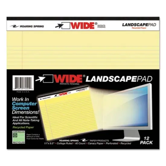 Roaring Spring WIDE Landscape Format Writing Pad, Unpunched with Standard Back, Medium/College Rule, 40 Canary-Yellow 11 x 9.5 Sheets image {7}