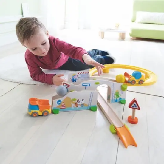 HABA Kullerbu at The Construction Site Play Track - 13 Piece Starter Set with 2 Vehicles and Ball Drop - Ages 2 and Up image {3}