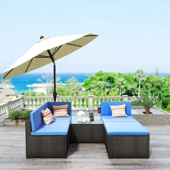 5pc Wicker Patio Sectional Seating Set with Cushions - Black/Blue - GODEER image {3}