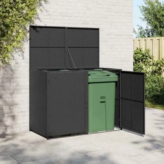 vidaXL Double Wheelie Bin Shed with Lid and Lockable Doors, Poly Rattan 31.5"x58.3"x43.7" Black image {1}