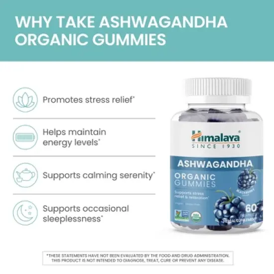 Himalaya Ashwagandha Organic Gummies, KSM-66 Organic Ashwagandha to Help with Stress Relief, 56 Gummies with Delicious BlackBerry Flavor image {3}