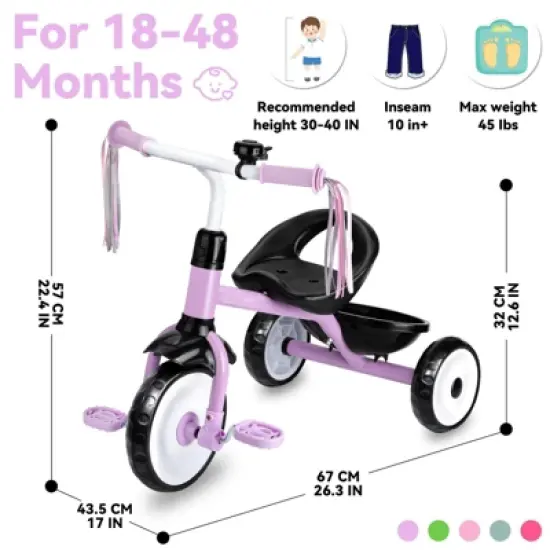 Itopfox Toddler Tricycle for Ages 2-4 Years, Kids Trike with Bell and Back Basket, 3 Wheel Bike Riding Toy Gift for Girls, Purple image {6}