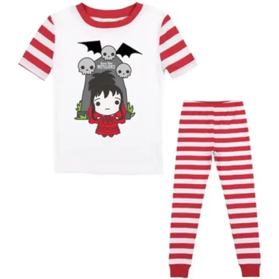 Beetlejuice Lydia And Gravestone With Skulls Youth Red and White Striped Sleep Set image {5}