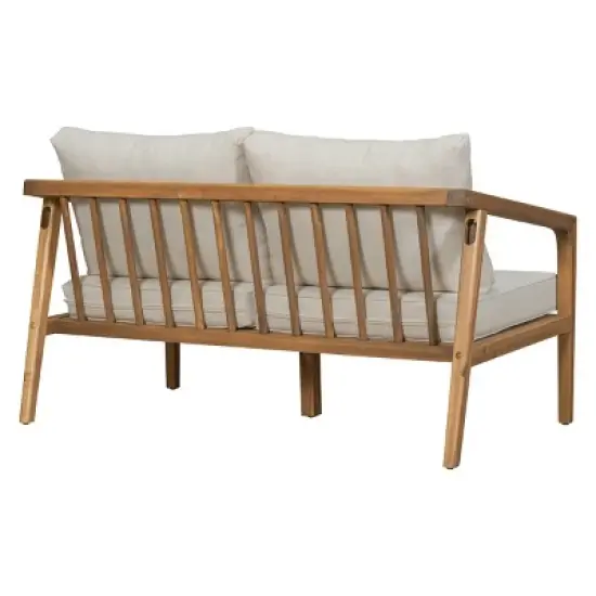 Outdoor Acacia Wood Side Loveseat,Fabric Upholstered Armrests Sofa With Solid Wood Frame,Slatted Backrest Patio Sofa Chair-Coolbibila image {2}