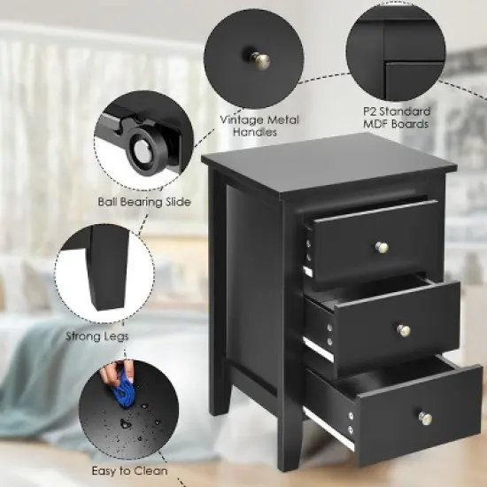 Costway Nightstand End Beside Sofa Table Cabinet w/ 3 Drawers Bedroom Furniture Black image {6}