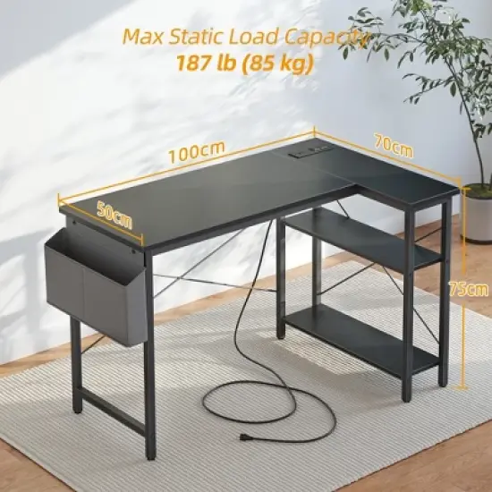 Itopfox L-Shaped Computer Desk with Power Outlets, Reversible Shelves, Gaming & Study Writing Table for Home Office, Bedroom, Living Room, Black image {2}