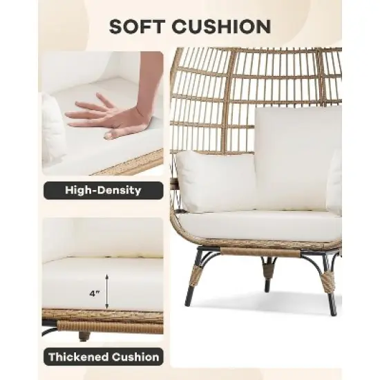 Oversize Rattan Egg Chair Outdoor Wicker Patio Lounge Chairs with Steel Frame Stand and 4 Cushions for Patio, Porch, Backyard, living rooms, Beige image {2}