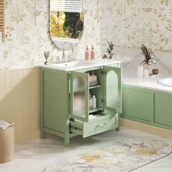 ModernLuxe 36'' Green Bathroom Vanity with Waffle Texture Glass Doors, 4 Drawers & Soft-Closing Doors, Freestanding Bathroom Storage image {1}