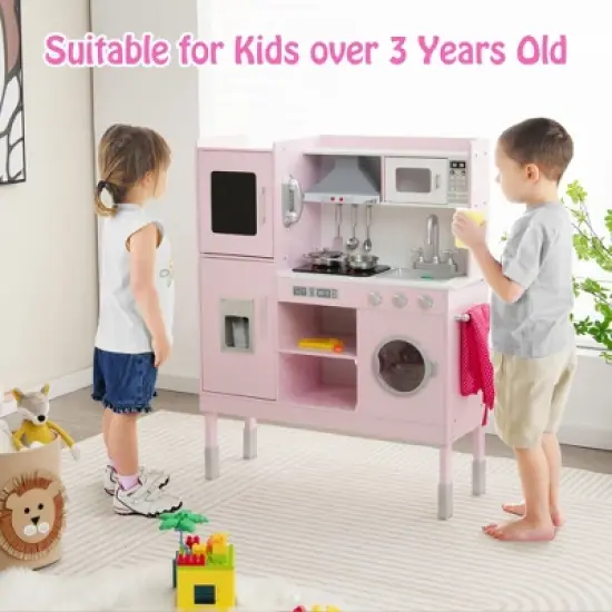 Costway Kids Pretend Kitchen Play Set Toddler Toy Wooden Chef Height Adjustable with Sounds image {1}