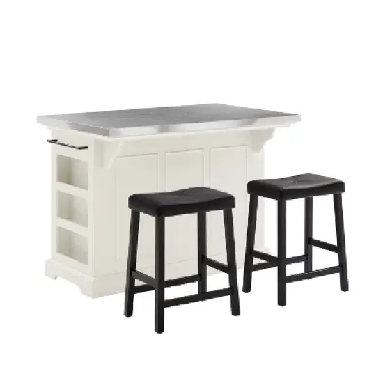 Julia Stainless Steel Top Kitchen Island with 2 Upholstered Saddle Counter Height Barstools White - Crosley image {3}