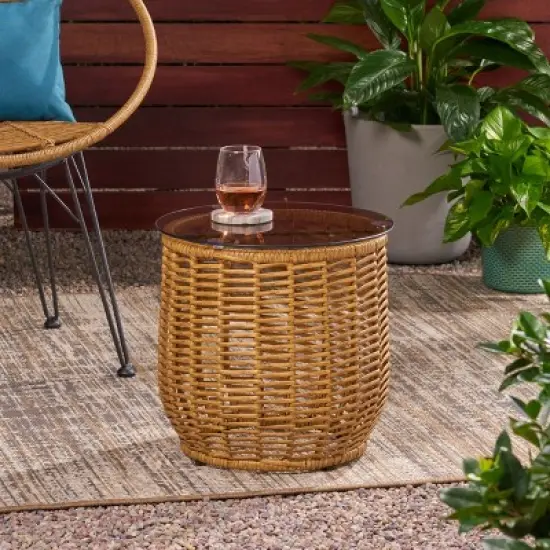 Kumasinova 15.5" Chic Woven Rattan Outdoor End Table with Tempered Glass Table Top,Handcrafted Patio Side Table,Weather-Resistant,Decor Item,Natural image {2}