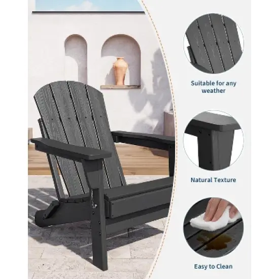 Folding Adirondack Chair Set of 2, HDPE All Weather Outdoor Fire Pit Chairs with Wooden Texture, 380Lb Capacity for Lawn Deck Backyard Patio Garden image {2}