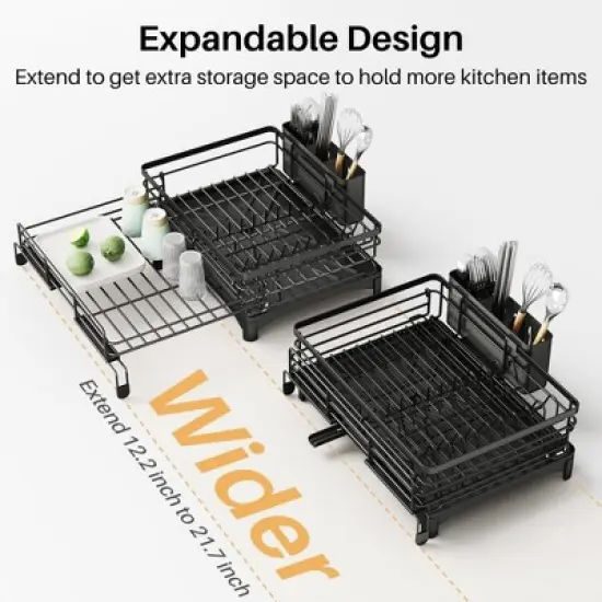 MaseiKar Expandable Dish Drying Rack, Stainless Steel Dish Drainer with Drainboard, Rustproof over Sink Drying Rack with Utensil Holder, Black image {2}