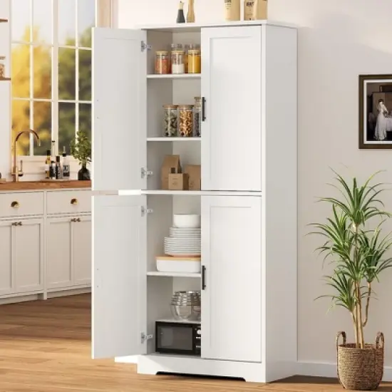 Homhougo 70in Tall Kitchen Pantry Cabinet, Freestanding Storage Cabinet with 4 Doors and Adjustable Shelves, Large Utility Hutch Cupboard White image {8}