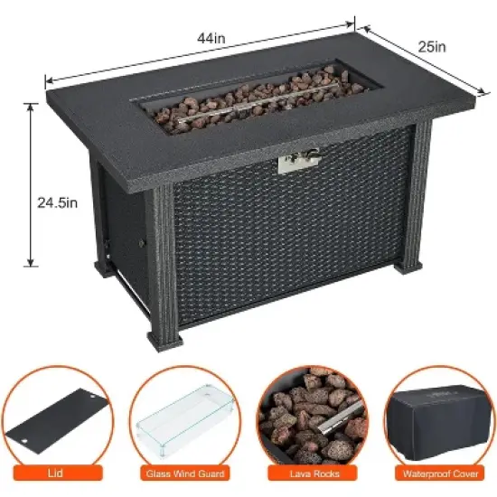 44" Gas Fire Pit, 50000BTU Rectangle Propane Fire Table with Cover & Rain Cover, CSA Certified, Black image {2}