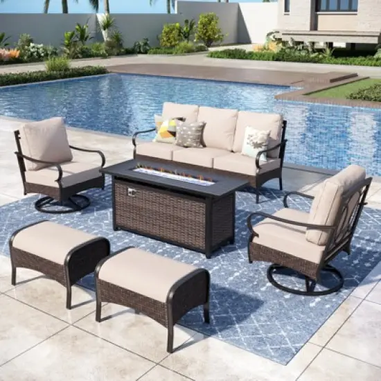 Captiva Designs 6pc Extra Large Metal and Rattan Outdoor Patio Fire Pit Set with Swivel Armchairs and Ottomans image {11}