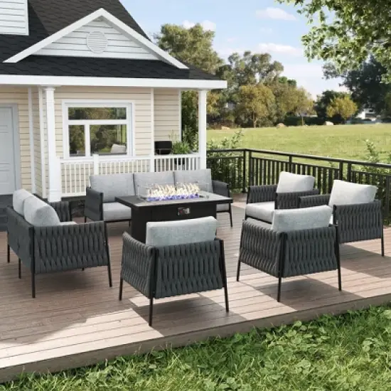 LayinSun 7 Piece Outdoor Furniture Set with Fire Pit Table, Modern Rope Woven Patio Conversation Sofa Set with Olefin image {9}