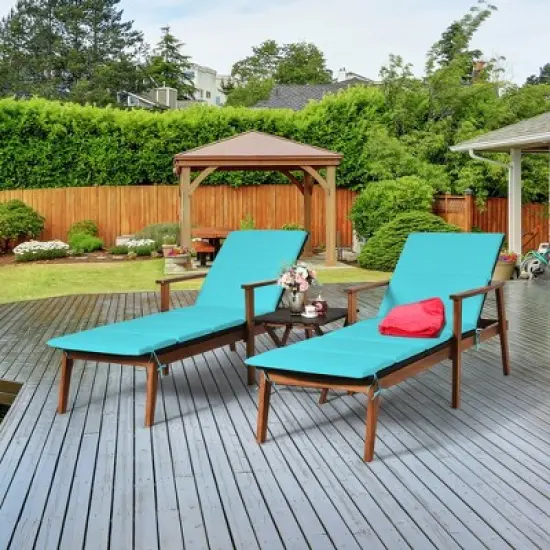 Costway 3PCS Patio Rattan Lounge Chair Folding Table Set Chaise Wood Cushioned White\Turquoise image {10}