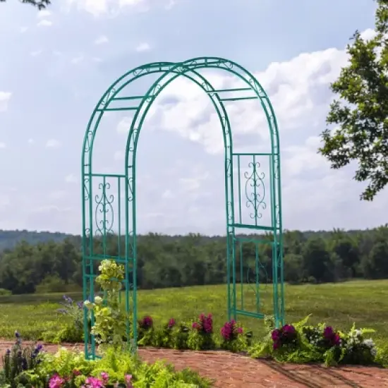 Evergreen Montebello Iron Garden Arbor, Coastal Blue- 53 x 84 x 23 Inches Fade and Weather Resistant Outdoor Decor image {2}