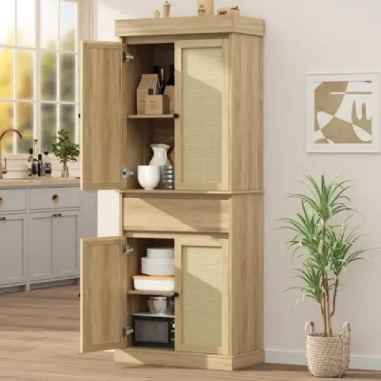 Freestanding 69" Tall Storage Kitchen Pantry Cabinet with Rattan Doors and Adjustable Shelves, Cupboard with Drawer for Bathroom, Living Room image {9}