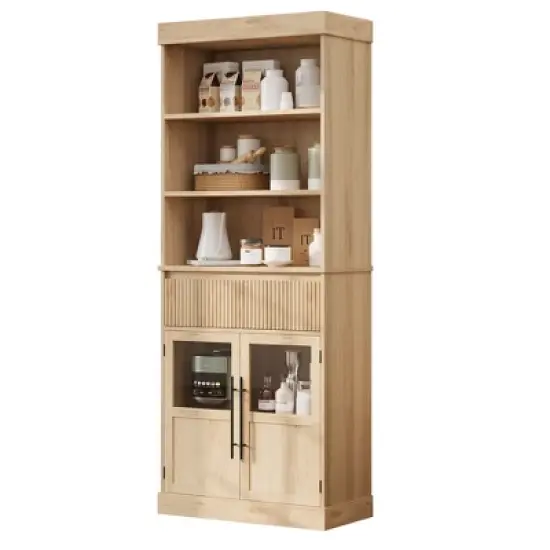 70" Tall Kitchen Pantry Cabinet, Storage Cabinet with Fluted Drawer & Glass Doors, Floor Cabinet for Office, Living Room, Entryway image {8}