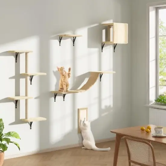Sandinrayli Cat Wall Shelves - Wall-Mounted Set of 5, Floating Perches & Hanging Beds, Modern Furniture for Large Cats/Kitties (Beige) image {6}