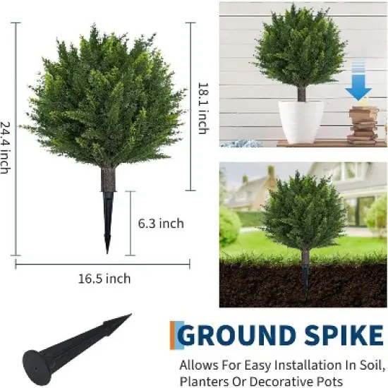 Set of 2 Artificial Cedar Topiary Trees 24" - UV Resistant Faux Cypress Shrubs w/ Ground Spikes for Porch & Garden Decor image {2}