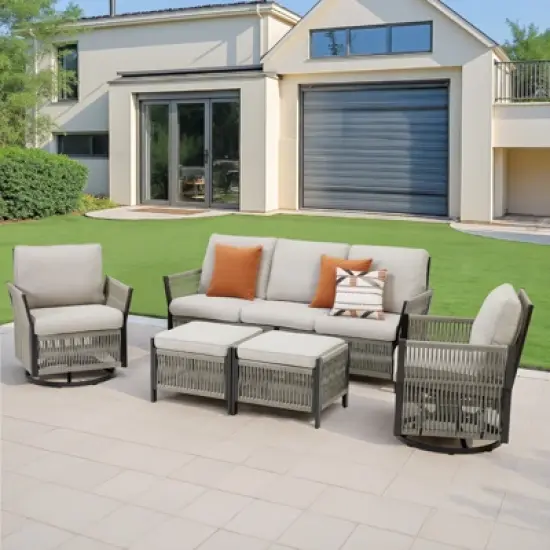 Buenhomino 5-Piece Patio Set &ndash; Sofa, 2 Swivel Chairs & 2 Ottomans, UV-Resistant Resin Wicker with Powder-Coated Steel Frame image {1}