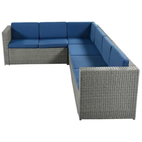 9pc Wicker Patio Conversation Set with Cushions - Blue - GODEER image {11}