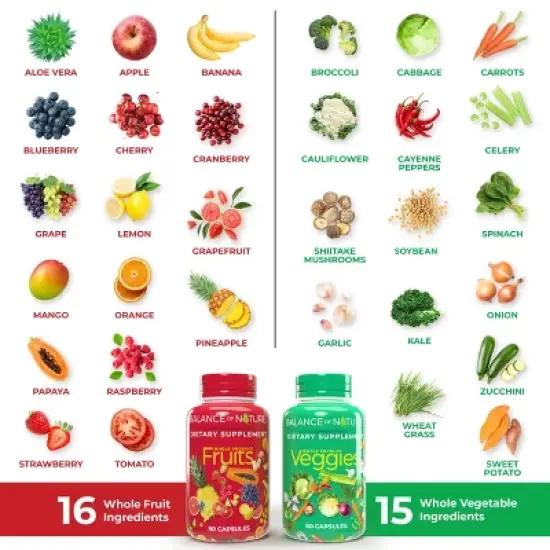 Balance of Nature Fruits & Veggies - Whole Fruit and Vegetable Ingredients for Women, Men, and Kids - 90 Fruit Capsules, 90 Veggie Capsules - 2 Sets image {3}