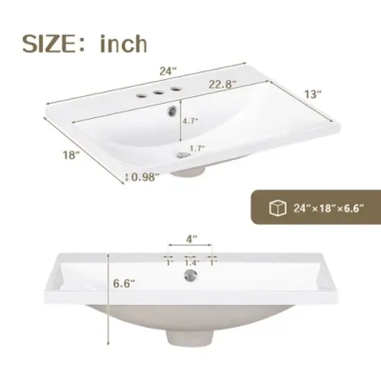 24" Bathroom Vanity with Ceramic Basin, Two Doors and Drawers, Natural - ModernLuxe image {3}