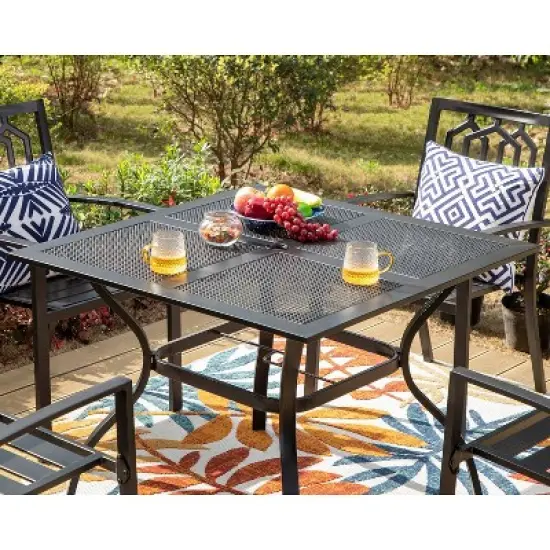 Captiva Designs 5pc Steel Outdoor Patio Dining Set with Patterned Arm Chairs & Square Table with Umbrella Hole Black image {1}