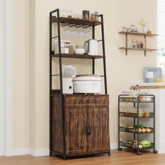 Bakers Rack with Storage Cabinet and Drawer, 70.8" Tall Industrial Coffee Bar Cabinet, Freestanding Kitchen Storage Organization, Rustic Brown image {2}